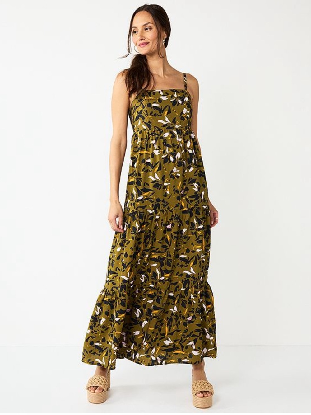 Nine West Tiered Maxi Dress Olive Green Petal Bunches XS NWT